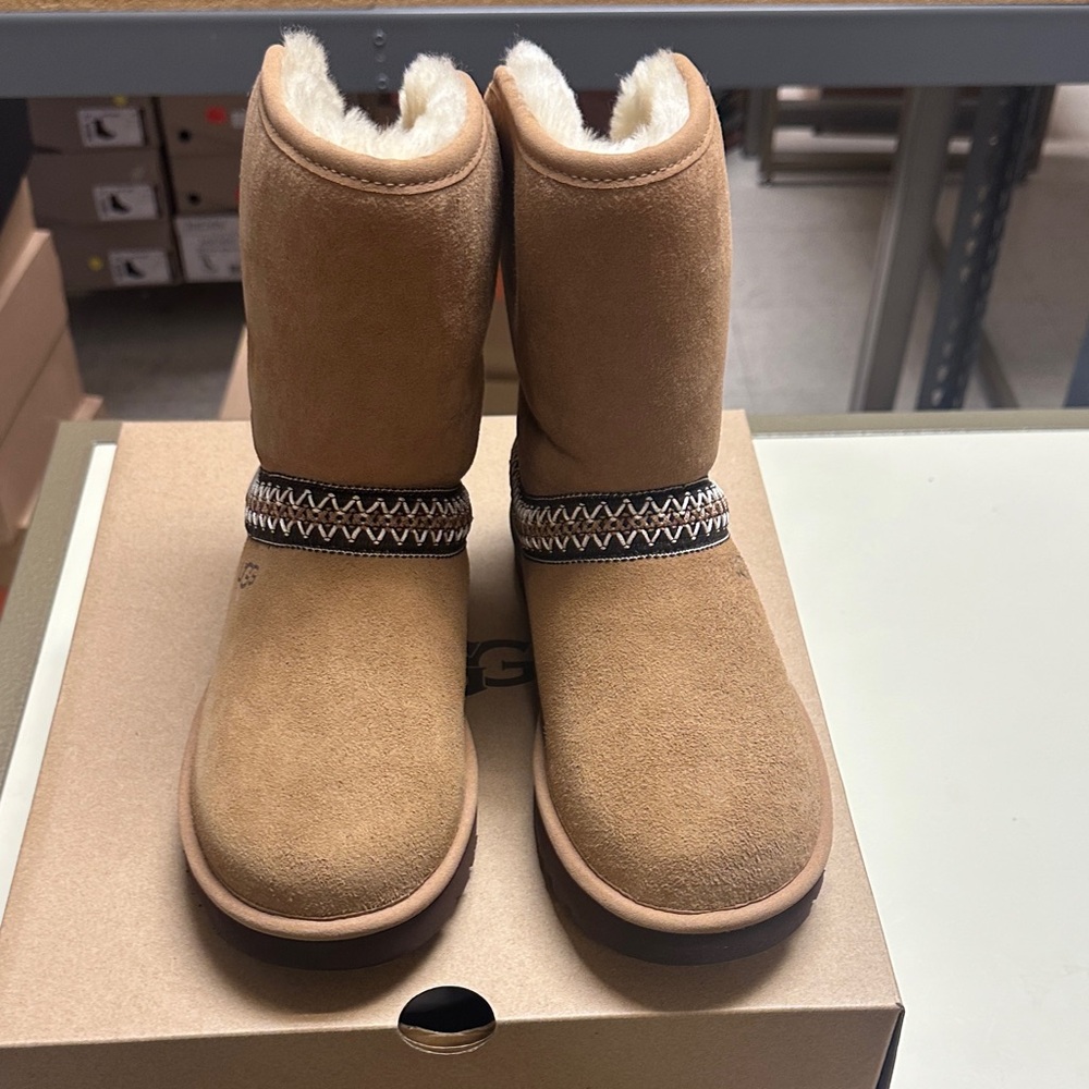 UGG Women’s Classic Short Crescent Chestnut Suede Boots with Shearling Lining - Picture 11 of 13